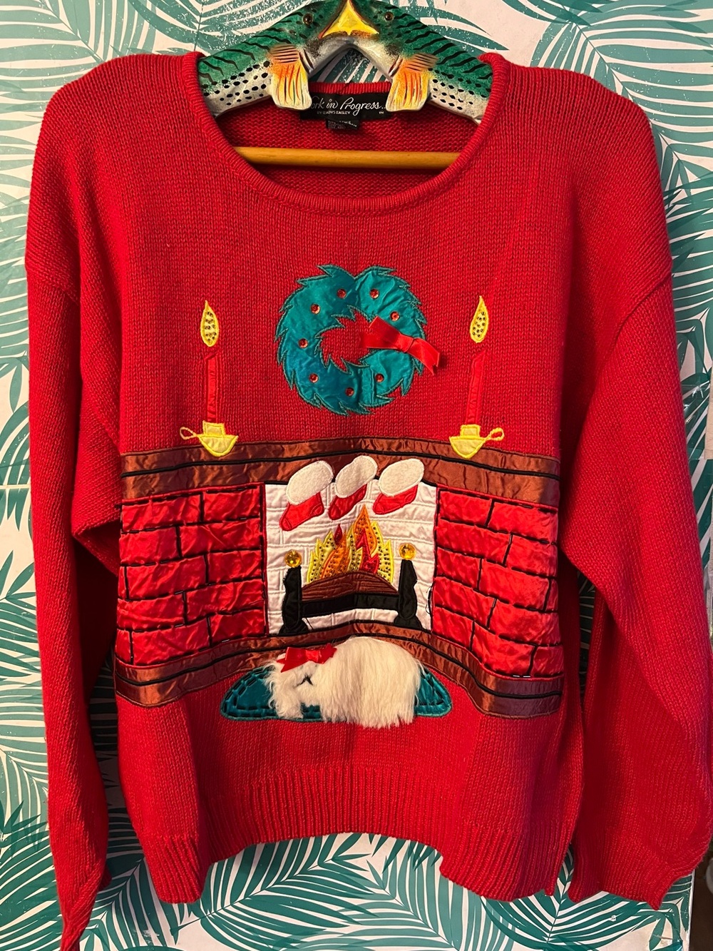 Work in Progress by Gladys Bagley Red Holiday Fireplace Appliqué dog sweater szM